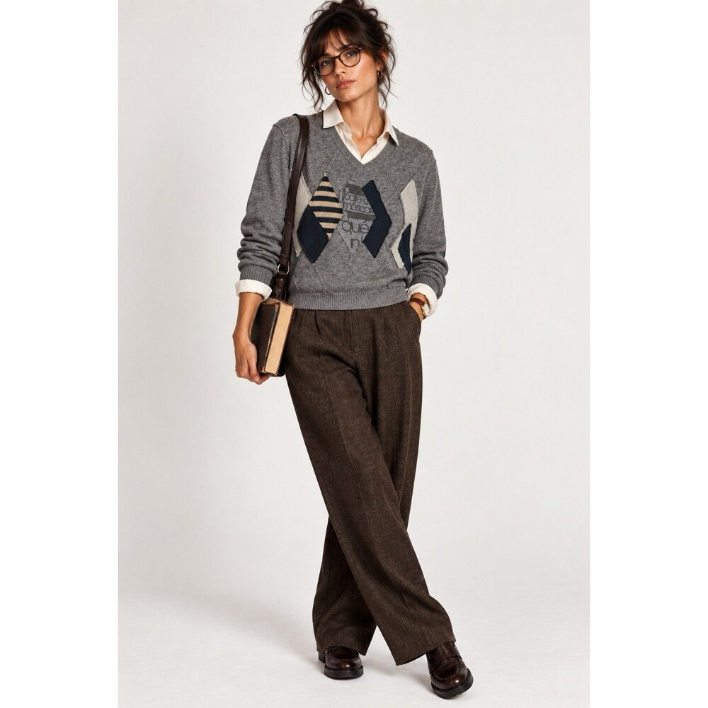Desigual Gray Wool Blend Argyle Sweater V Neck Elbow Patch Academia Preppy Small